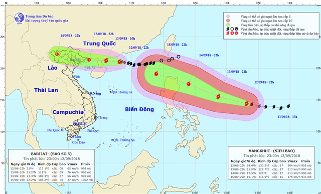 TIN BÃO GẦN BỜ (CƠN BÃO SỐ 5) VÀ SIÊU BÃO MANGKHUT (cập nhật lúc 22h, 12/9)