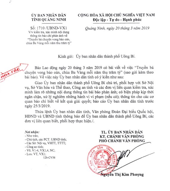 UBND tỉnh chỉ đạo xác minh thông tin truyền bá chuyện vong báo oán tại chùa Ba Vàng