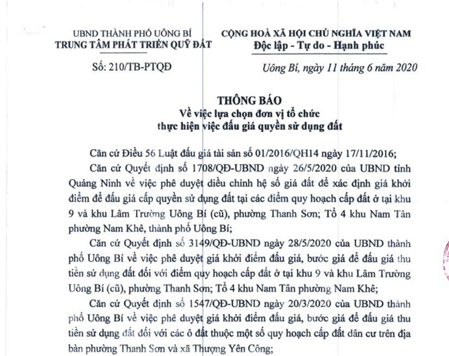 Thông báo về việc lựa chọn đơn vị tổ chức thực hiện việc đấu giá quyền sử dụng đất