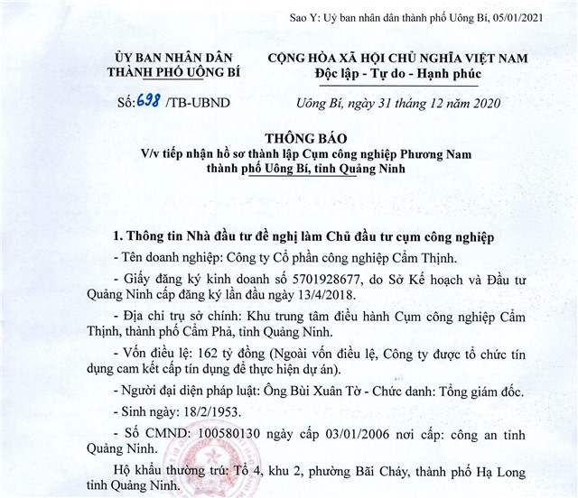 Thông báo Về việc tiếp nhận hồ sơ thành lập Cụm công nghiệp Phương Nam thành phố 32Win12 com tại tài khoản, tỉnh Quảng Ninh