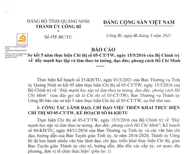 Báo cáo sơ kết 5 năm thực hiện Chỉ thị số 05-CT/TW, ngày 15/5/2016 của Bộ Chính trị về đẩy mạnh học tập và làm theo tư tưởng, đạo đức, phong cách Hồ Chí Minh