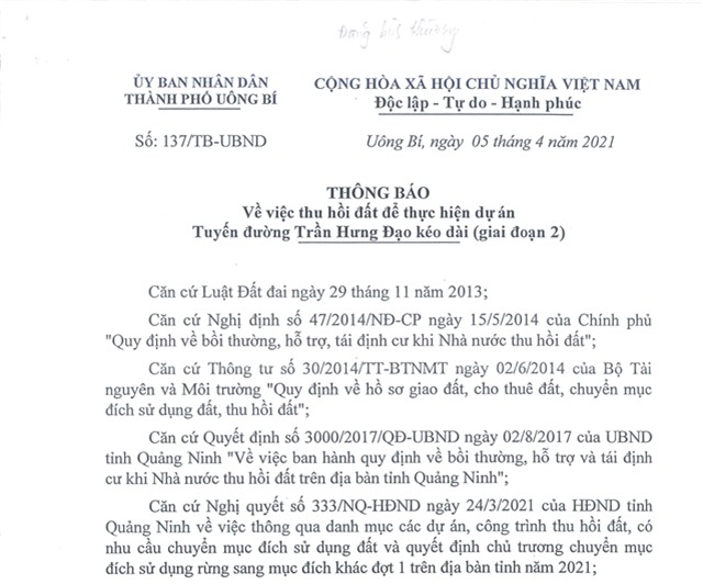 Thông báo về việc thu hồi đất để thực hiện dự án Tuyến đường Trần Hưng Đạo kéo dài (giai đoạn 2)