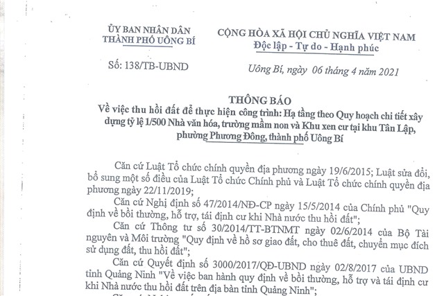 Thông báo về việc thu hồi đất để thực hiện công trình: Hạ tầng theo Quy hoạch chi tiết 32Win1 com Tải xuống APK tỉ lệ 1/500 Nhà văn hóa, trường mầm non và Khu xen cư tại khu Tân Lập, phường Phương Đông, TP 32Win12 com tại tài khoản