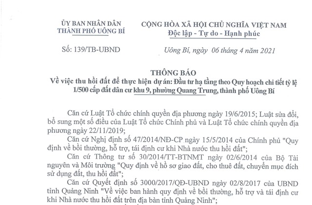 Thông báo về việc thu hồi đất để thực hiện dự án: Đầu tư hạ tầng theo quy hoạch chi tiết tỷ lệ 1/500 cấp đất dân cư khu 9, phường Quang Trung, TP 32Win12 com tại tài khoản