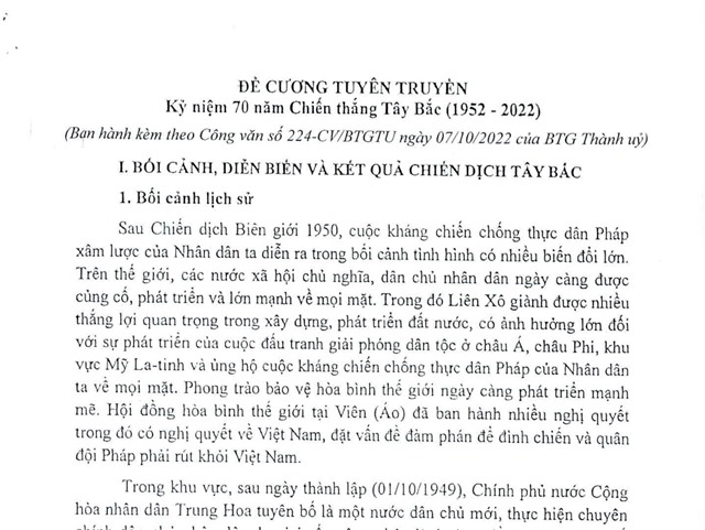 Đề cương tuyên truyền kỷ niệm 70 năm Chiến thắng Tây Bắc (1952-2022)