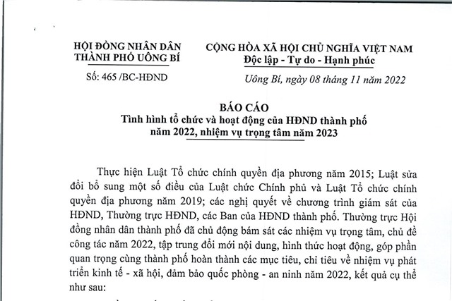 Báo cáo tình hình tổ chức và hoạt động của HĐND thành phố năm 2022 nhiệm vụ trọng tâm năm 2023