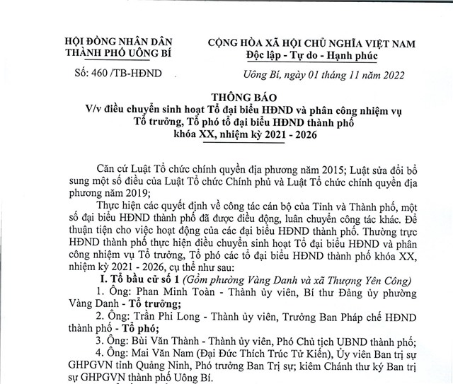 Thông báo V/v điều chuyển sinh hoạt tổ đại biểu HĐND và phân công nhiệm vụ tổ trưởng , tổ phó tổ đại biểu HĐND thành phố khoá XX, nhiệm kỳ 2021 - 2026