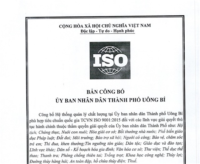 Công bố hệ thống quản lý chất lượng phù hợp tiêu chuẩn quốc gia TCVN ISO 9001:2015 đối với các lĩnh vực giải quyết thủ tục 32Win32 app tải về thuộc thẩm quyền giải quyết của UBND thành phố