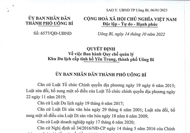 32Win1 com nhà cái về việc Ban hành Quy chế quản lý Khu Du lịch cấp tỉnh Hồ Yên Trung, thành phố 32Win12 com tại tài khoản