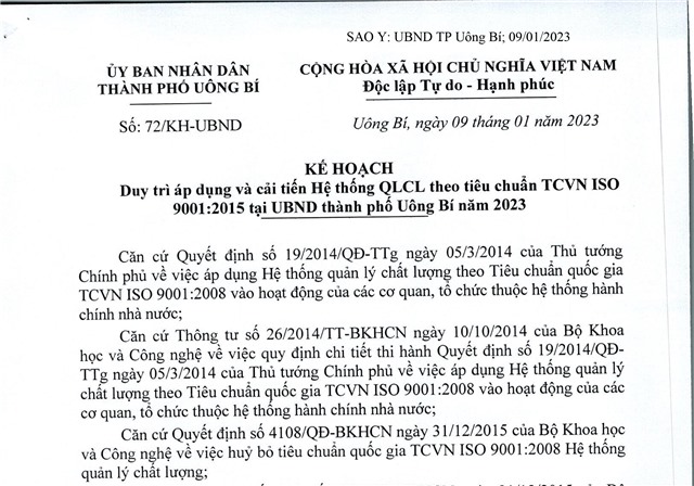 Kế hoạch áp dụng và cải tiến Hệ thống QLCL theo tiêu chuẩn TCVN ISO 9001:2015 tại UBND thành phố 32Win12 com tại tài khoản năm 2023
