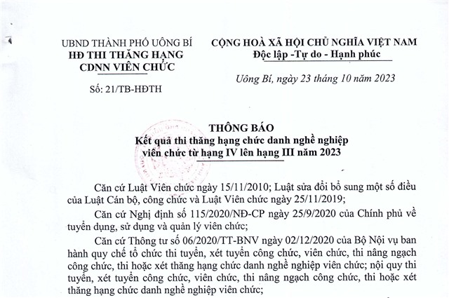 Thông báo kết quả thi thăng hạng chức danh nghề nghiệp viên chức từ hạng IV lên hạng III năm 2023 