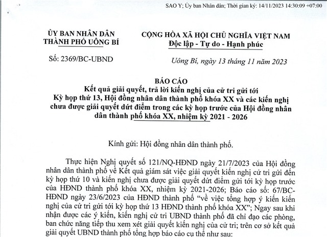 Báo cáo kết quả giải quyết, trả lời kiến nghị của cử tri gửi tới Kỳ họp thứ 13, HĐND thành phố khoá XX và các kiến nghị chưa được giải quyết dứt điểm trong các kỳ họp trước của HĐND thành phố khoá XX, nhiệm kỳ 2021-2026