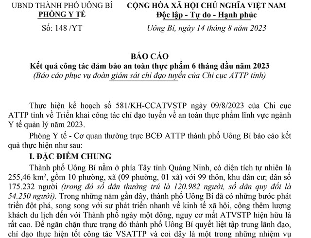Báo cáo kết quả công tác đảm bảo an toàn thực phẩm 6 tháng đầu năm 