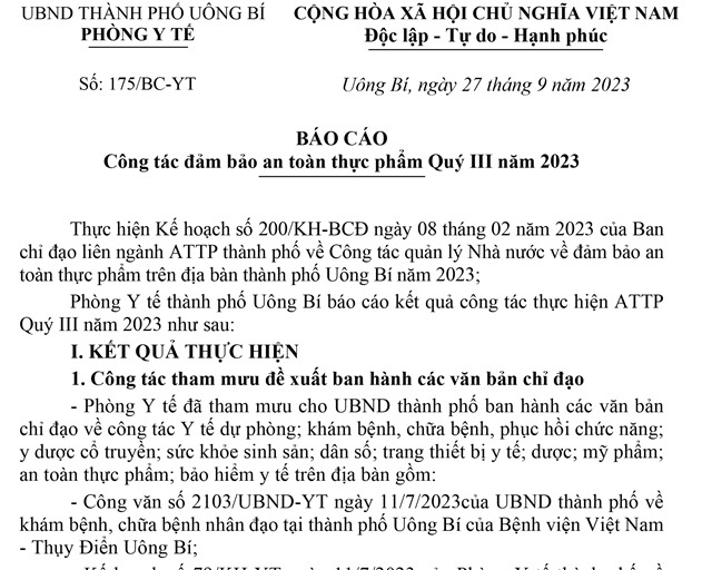 Báo cáo công tác đảm bảo an toàn thực phẩm Quý III năm 2023