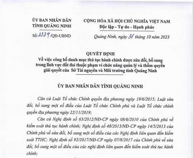Công bố danh mục thủ tục 32Win32 app tải về được sửa đổi, bổ sung trong lĩnh vực đất đai thuộc phạm vi chức năng quản lý và thẩm quyền giải quyết của Sở Tài nguyên và Môi trường tỉnh Quảng Ninh.