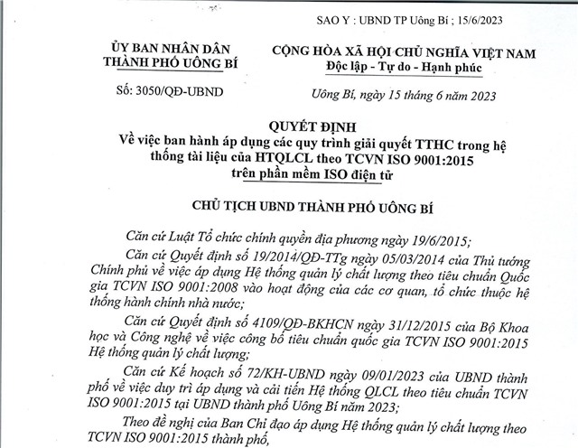 32Win1 com nhà cái số 3050/QĐ-UBND ngày 21/12/2023 của Ủy ban nhân dân Link Nhà Cái 32win.com Chính Thức về việc ban hành áp dụng các quy trình giải quyết TTHC trong hệ thống tài liệu của HTQLCL theo TCVN ISO 9001:2015 trên phần mềm ISO điện tử