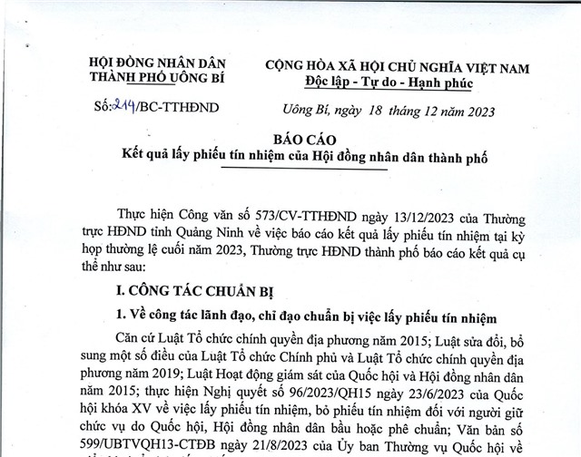 Báo cáo kết quả lấy phiếu tín nhiệm của Hội đồng nhân dân thành phố
