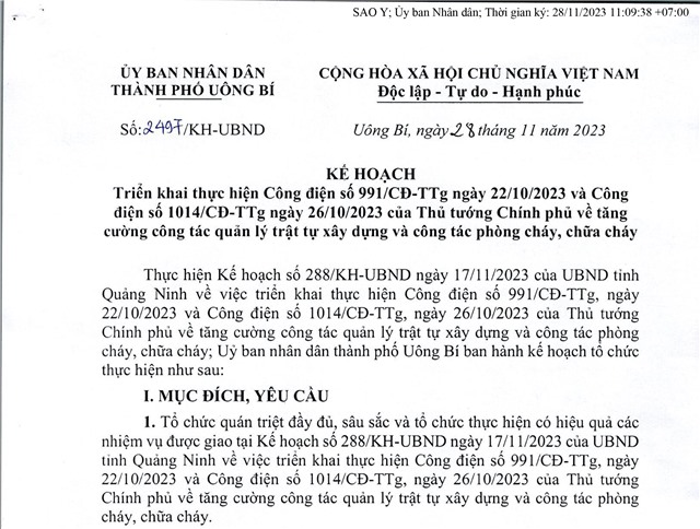 Kế hoạch triển khai thực hiện Công điện số 991/CĐ-TTg ngày 22/10/2023 và Công điện số 1014/CĐ-TTg ngày 26/10/2023 của Thủ tướng Chính phủ về tăng cường công tác quản lý TTXD và công tác PCCC