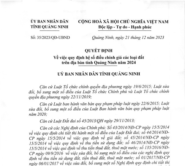 Quy định hệ số điều chỉnh giá các loại đất trên địa bàn tỉnh Quảng Ninh năm 2024