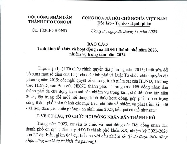 Báo cáo tình hình tổ chức và hoạt động của HĐND thành phố năm 2023, nhiệm vụ trọng tâm năm 2024