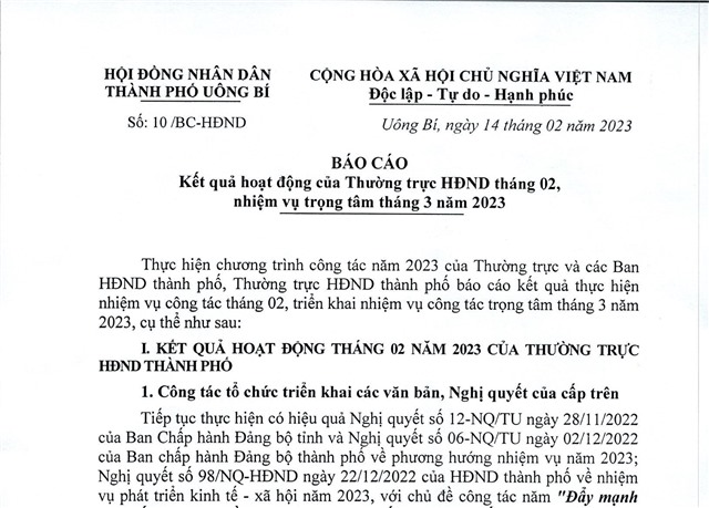 Báo cáo kết quả hoạt động của Thường trực HĐND tháng 02, nhiệm vụ trọng tâm tháng 03 năm 2023