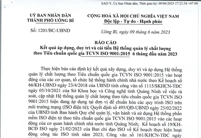 Báo cáo kết quả áp dụng, duy trì và cải tiến Hệ thống quản lý chất lượng theo tiêu chuẩn quốc gia TCVN ISO 9001:2015 6 tháng đầu năm 2023