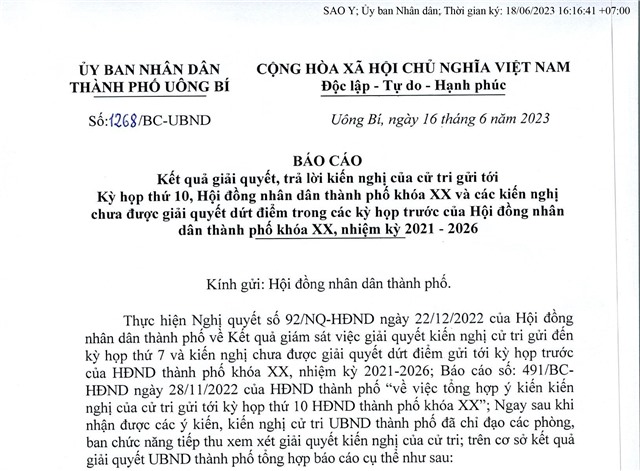 Báo cáo kết quả giải quyết, trả lời kiến nghị của cử tri gửi tới kỳ họp thứ 10, HĐND thành phố khoá XX và các kiến nghị chưa được giải quyết dứt điểm trong các kỳ họp trước của HĐND thành phố khoá XX, nhiệm kỳ 2021-2026