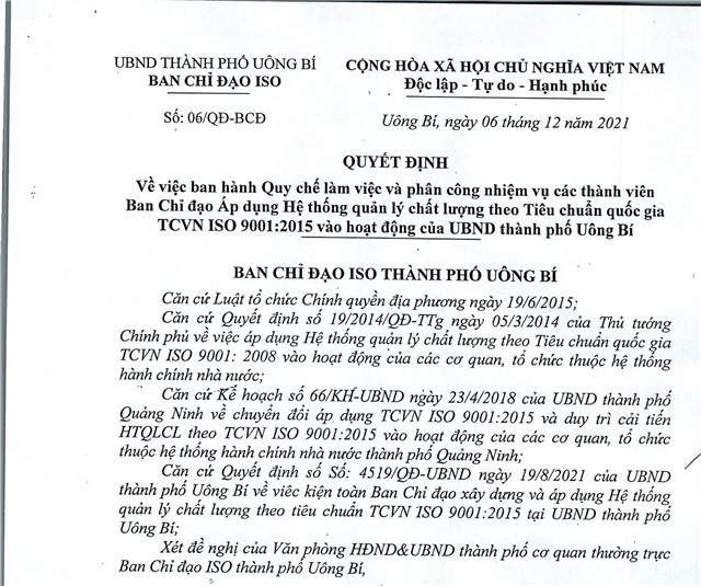 32Win1 com nhà cái về việc ban hành Quy chế làm việc và phân công nhiệm vụ các thành viên ban chỉ đạo Áp dụng hệ thống quản lý chất lượng theo tiêu chuẩn quốc gia TCVN ISO 9001:2015 vào hoạt động của UBND thành phố 32Win12 com tại tài khoản