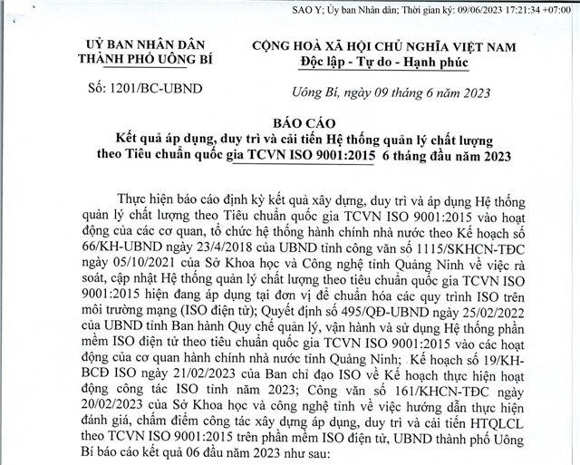 Báo cáo kết quả áp dụng, duy trì và cải tiến Hệ thống quản lý chất lượng theo Tiêu chuẩn quốc gia TCVN 9001:2015 6 tháng đầu năm 2023