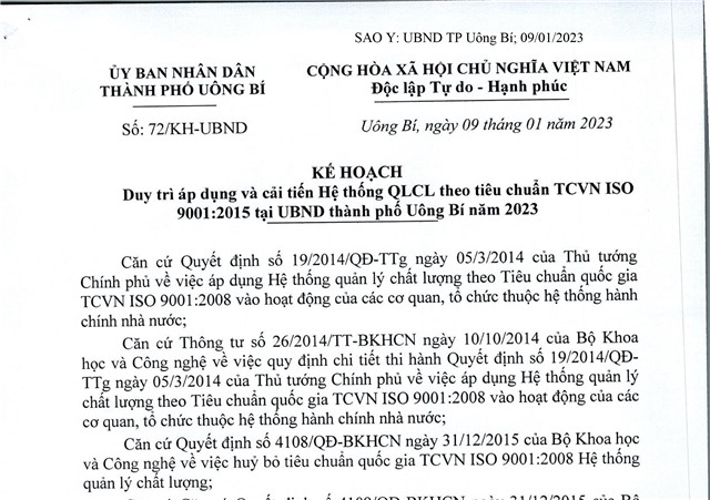 Kế hoạch duy trì áp dụng và cải tiến hệ thống QLCL theo tiêu chuẩn TCVN ISO 9001:2015 tại UBND thành phố 32Win12 com tại tài khoản năm 2023