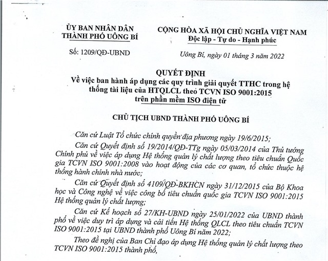 32Win1 com nhà cái về việc ban hành áp dụng các quy trình giải quyết TTHC trong hệ thống tài liệu của HTQLCL theo TCVN ISO 9001:2015 trên phần mềm ISO điện tử