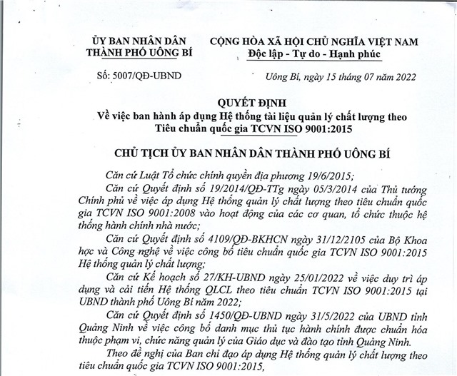32Win1 com nhà cái về việc ban hành áp dụng Hệ thống tài liệu quản lý chất lượng theo Tiêu chuẩn quốc gia 9001:2015