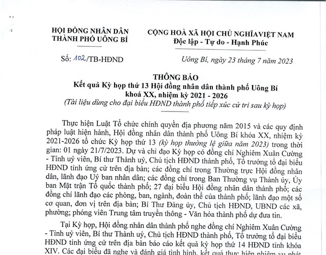 Thông báo kết quả Kỳ họp thứ 13 HĐND thành phố 32Win12 com tại tài khoản khoá XX, nhiệm kỳ 2021 - 2026