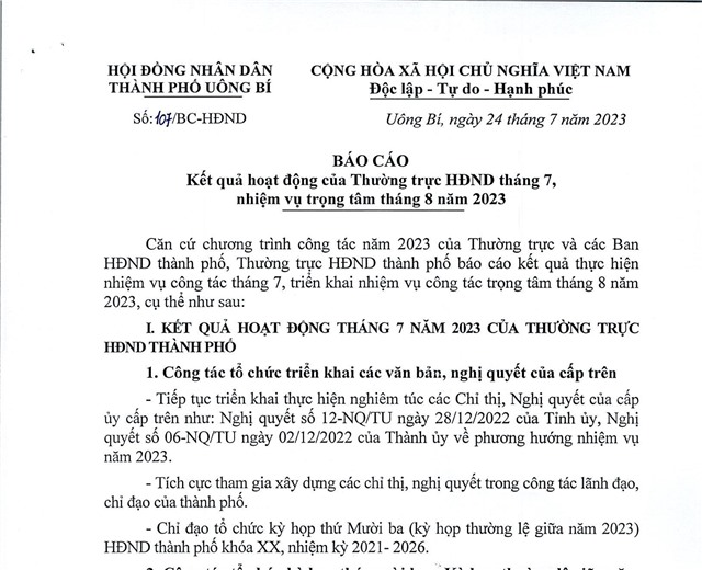 Báo cáo kết quả hoạt động của Thường trực HĐND tháng 7, nhiệm vụ trọng tâm tháng 8 năm 2023