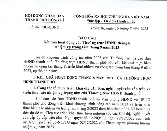 Báo cáo kết quả hoạt động của thường trực HĐND tháng 8, nhiệm vụ trọng tâm tháng 9 năm 2023