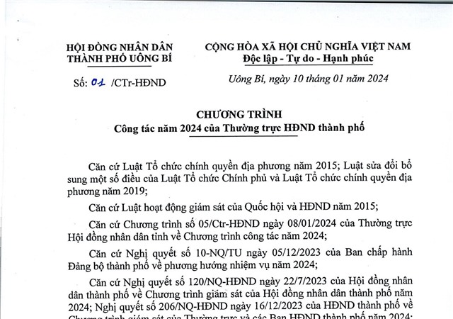 Chương  trình công tác năm 2024 của Thường trực HĐND thành phố