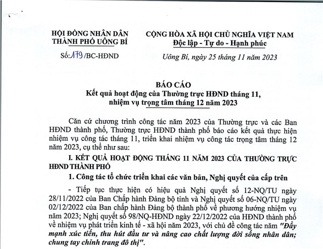 Báo cáo kết quả hoạt động của Thường trực HĐND tháng 11, nhiệm vụ trọng tâm tháng 12 năm 2023