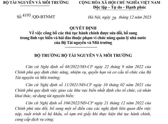 Công bố các thủ tục 32Win32 app tải về được sửa đổi, bổ sung trong lĩnh vực biển và hải đảo thuộc phạm vi chức năng quản lý nhà nước của Bộ Tài nguyên và Môi trường  