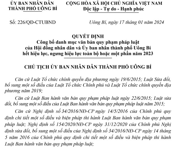 Công bố danh mục văn bản quy phạm pháp luật của Hội đồng nhân dân và Ủy ban nhân thành phố 32Win12 com tại tài khoản hết hiệu lực, ngưng hiệu lực toàn bộ hoặc một phần năm 2023