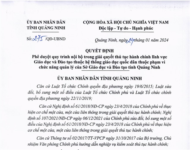 Phê duyệt quy trình nội bộ trong giải quyết thủ tục 32Win32 app tải về lĩnh vực Giáo dục và Đào tạo thuộc hệ thống giáo dục quốc dân thuộc phạm vi chức năng quản lý của Sở Giáo dục và Đào tạo tỉnh Quảng Ninh