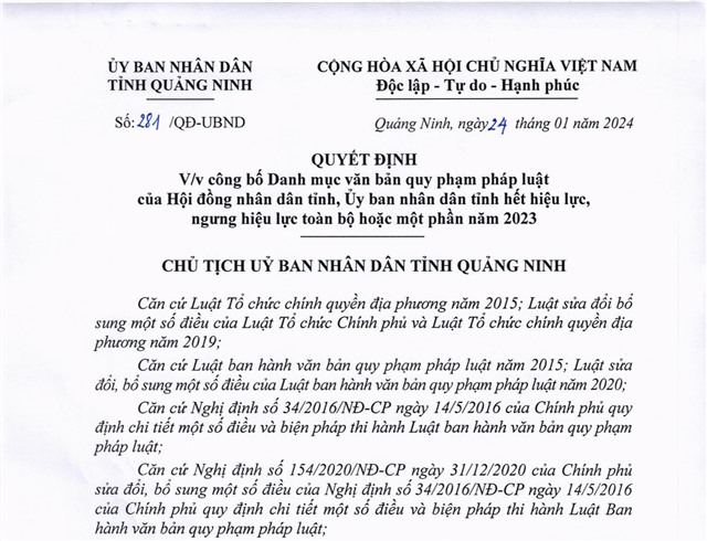 Công bố danh mục văn bản quy phạm pháp luật của HĐND tỉnh, UBND tỉnh hết hiệu lực, ngưng hiệu lực toàn bộ hoặc một phần năm 2023