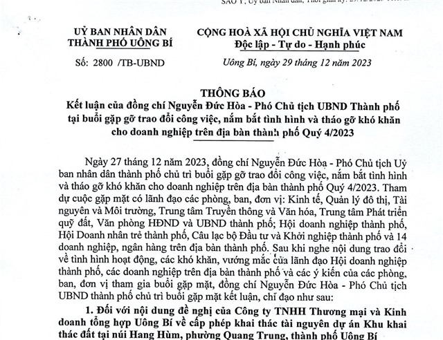 Thông báo kết luận của đồng chí Nguyễn Đức Hoà - Phó Chủ tịch UBND thành phố tại buổi gặp gỡ trao đổi công việc nắm bắt tình hình và tháo gỡ khó khăn cho 32Win03 nổ hũ trên địa bàn thành phố Quý 4/2023