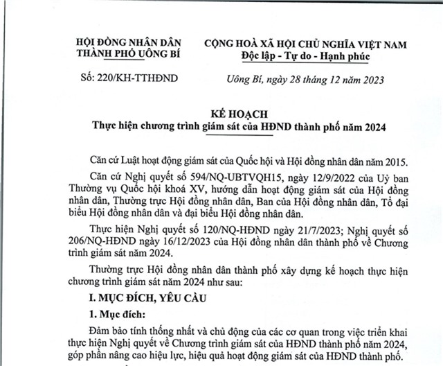 Kế hoạch thực hiện chương trình giám sát của HĐND thành phố năm 2024