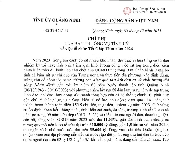 Chỉ thị của Ban Thường vụ 32Win10 bảo mật tối đa về việc tổ chức Tết Giáp Thìn năm 2024