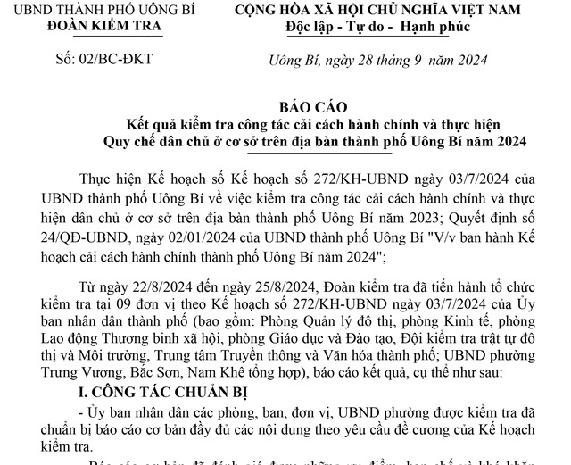 Báo cáo kết quả kiểm tra công tác CCHC và thực hiện quy chế dân chủ ở cơ sở trên địa bàn thành phố 32Win12 com tại tài khoản năm 2024