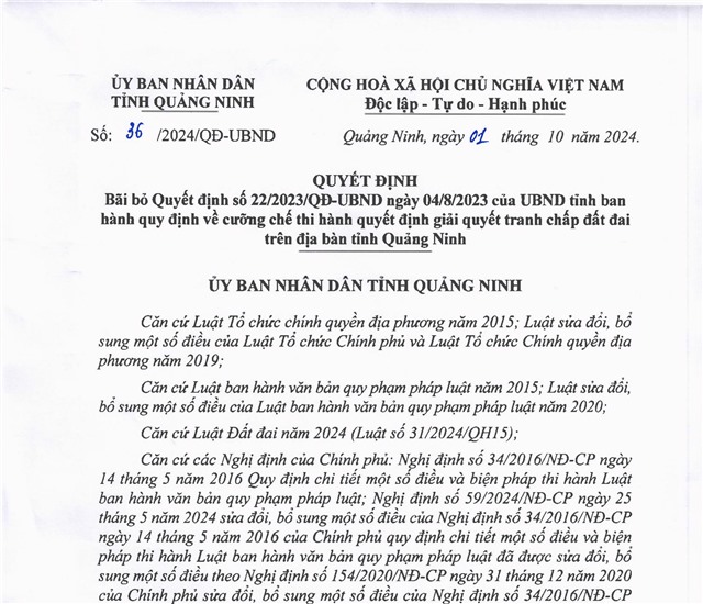 32Win1 com nhà cái bãi bỏ 32Win1 com nhà cái số 22/2023/QĐ-UBND ngày 04/8/2023 của UBND tỉnh ban hành quy định về cưỡng chế thi hành quyết định giải quyết tranh chấp đất đai trên địa bàn tỉnh Quảng Ninh