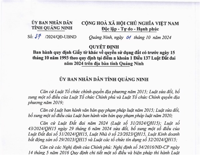 32Win1 com nhà cái Ban hành quy định Giấy tờ khác về quyền sử dụng đất có trước ngày 15 tháng 10 năm 1993 theo quy định tại điểm n khoản 1 Điều 137 Luật Đất đai năm 2024 trên địa bàn tỉnh Quảng Ninh