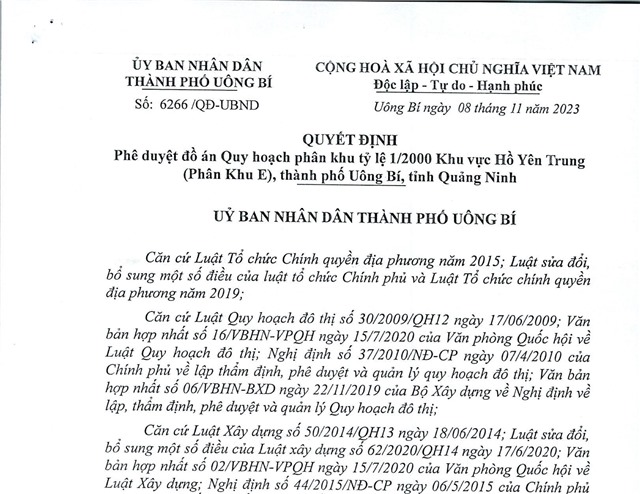 32Win1 com nhà cái phê duyệt đồ án quy hoạch phân khu tỷ lệ 1/2000 khu vực Hồ Yên Trung (Phân Khu E) thành phố 32Win12 com tại tài khoản, tỉnh Quảng Ninh
