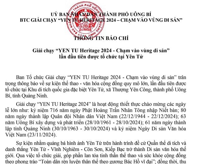 Thông tin báo chí Giải chạy “YEN TU Heritage 2024 - Chạm vào vùng di sản” lần đầu tiên được tổ chức tại Yên Tử