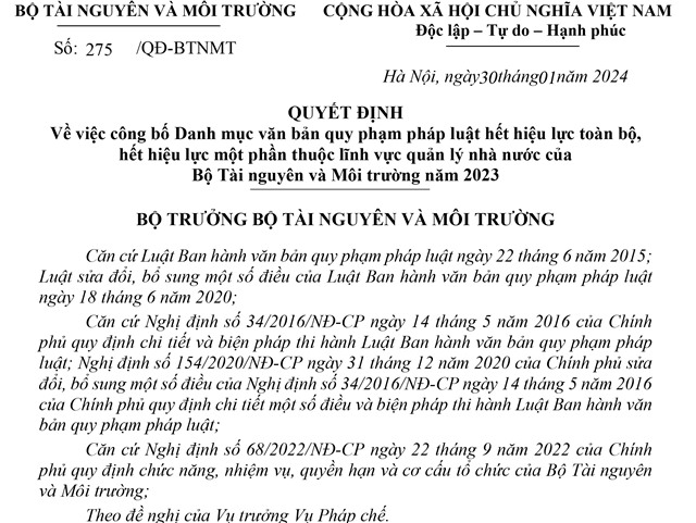 Danh mục văn bản quy phạm pháp luật hết hiệu lực toàn bộ, hết hiệu lực một phần thuộc lĩnh vực quản lý nhà nước của Bộ Tài nguyên và Môi trường năm 2023